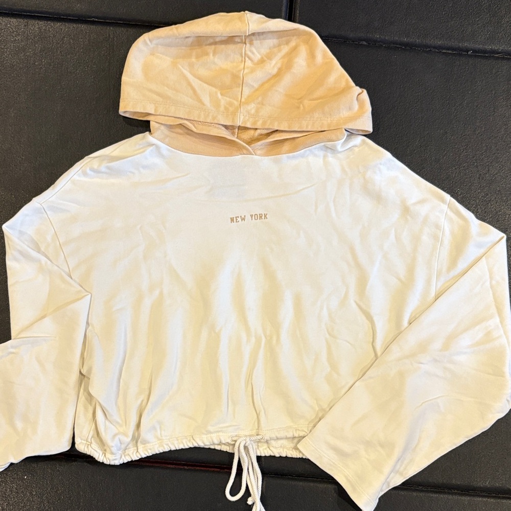 Zara Cream and Tan Crop Top Hoodie
